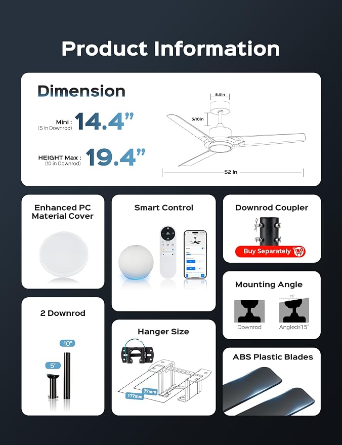 52 Inch Modern Smart Ceiling Fan with LED Lights and WiFi Alexa APP Remote,Black Ceiling Fan with ABS Blades,3CCT,6 Speed,Quiet Reversible DC Motor Indoor Outdoor Fan for Patio,Garage,Bedroom