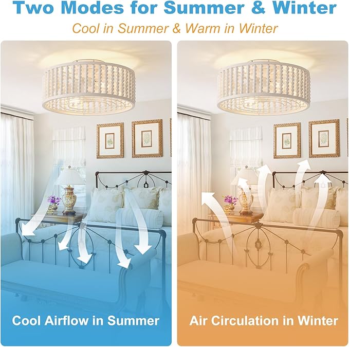 Ceiling Fans with Lights and Remote - Bulbs Included | Tropical Caged Fandelier with Handcrafted Beaded Décor | Flush Mount Installation Fan Lighting Fixture | 19 inches | Off-White