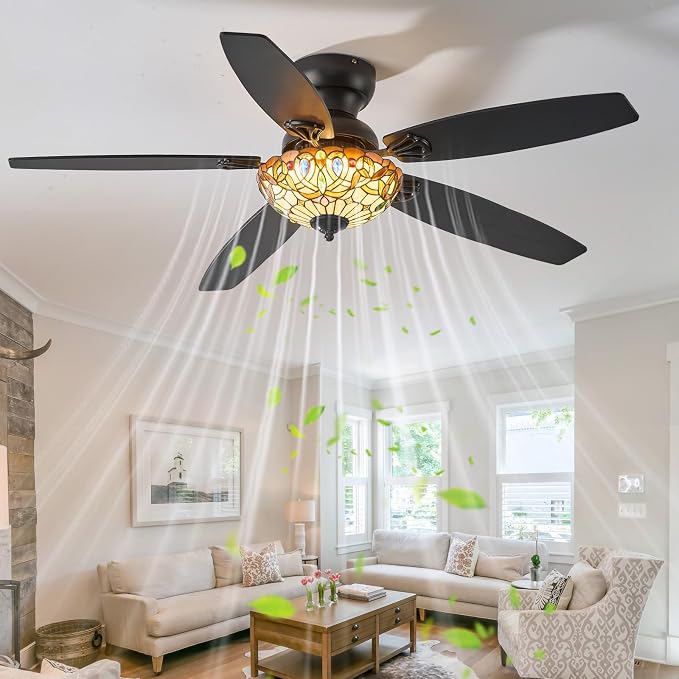 Ceiling Fans with Lights - 52" Ceiling Fan Chandelier with 5 Dual-Blades and Glass Shade, 6 Speeds and Reversible, Indoor and Outdoor, Retro Style