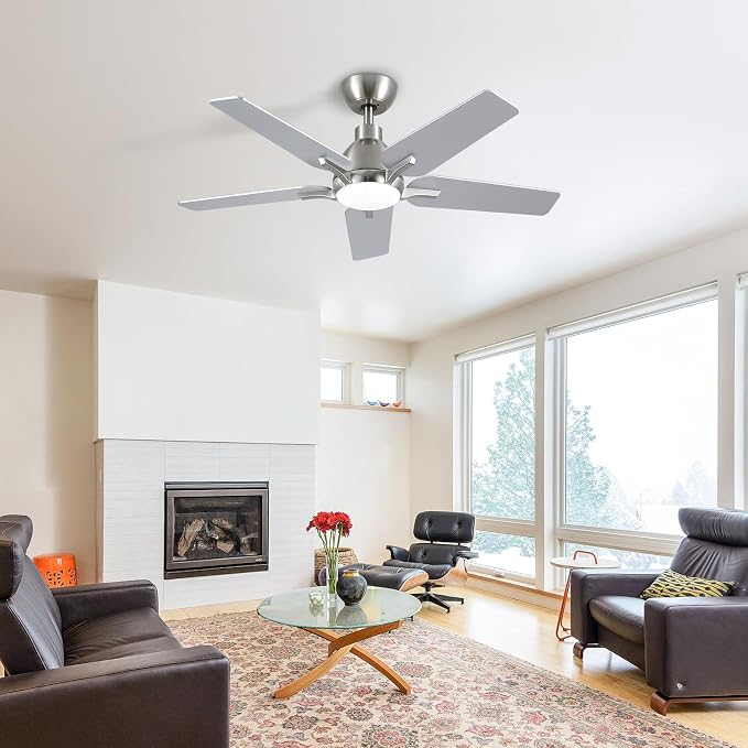 42 Inch Ceiling Fans with Lights, Brushed Nickel Ceiling Fan with Remote, Modern Ceiling Fan for Bedroom, Living Room, Dining Room, Patio, 3CCT Dimmable 6 Speeds DC Quiet