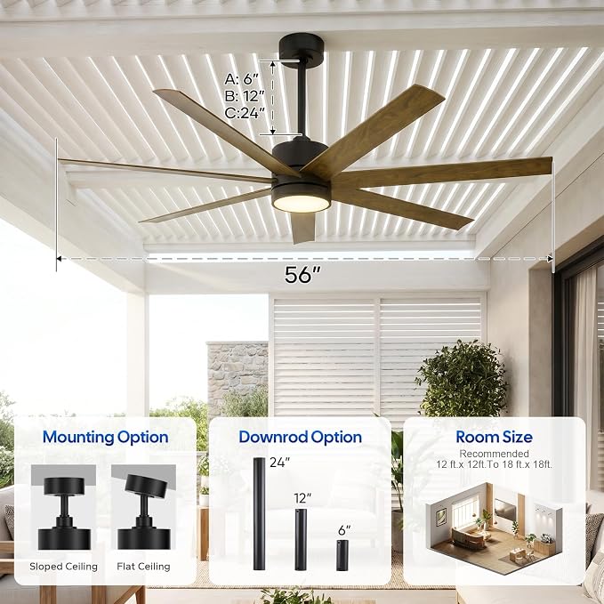 56 Inch Wet Rated Outdoor Ceiling Fan with Light, Waterproof All Weather 7 Brown Blades, Smart App/Voice/Remote Control, High CFM Quiet DC Motor & UV Coating, for Exterior Patios, Gazebo Porch Pergola