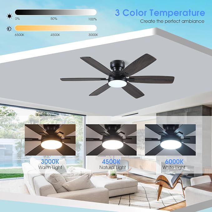 Kviflon 52" Ceiling Fans with Lights, Low Profile Ceiling Fan with Light and Remote/APP Control, Flush Mount Ceiling Fan with 6 Reversible Fan Blades, 3CCT, Dimmable, Quiet Motor for Bedroom Black