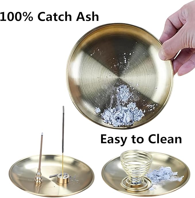 SIGZKK 7-in-1 Incense Stick Holder, Palo Santo Sage Holder, Incense Burner for Sticks/Coils/Cones, 5.5 inches Brass Ash Catcher with Brush and Tweezers, Meditation Yoga Spa Zen Decor (7)