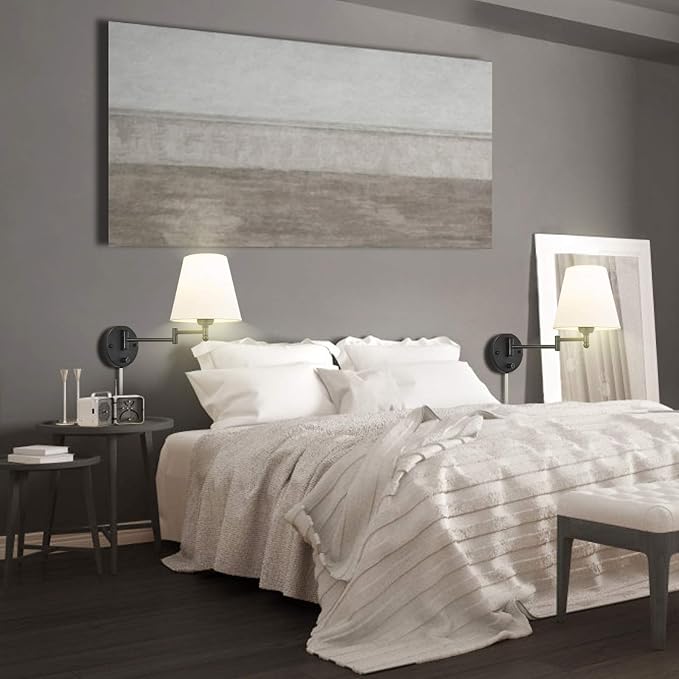 Swing Arm Wall Lamp Plug in Wall Mount Opaque Ivory Linen Shade 40W 2-Way Cord Covers(1 Light)