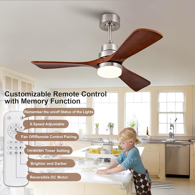 42 Inch Wood Ceiling Fans with Lights and Remote, Brushed Nickel Outdoor Ceiling Fan with Light, Dimmable 3 Blades Outdoor Fans for Patios Noiseless Modern Ceiling Fans for Bedroom Living Room