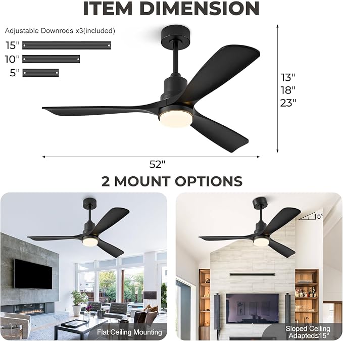 52 inch Smart Ceiling Fan with Lights,Outdoor Ceiling Fan 3 Wood Blades Compatible with Alexa/Gg Voice Control&App&Remote,Quiet DC Motor for Covered Patio Porch Bedroom,Black