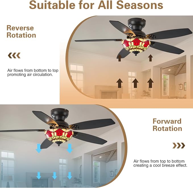 Tiffany Ceiling Fans with Lights - 48" Ceiling Fan Chandelier with 5 Dual-Blades and Glass Shade, 6 Speeds and Reversible, Indoor and Outdoor, Retro Style