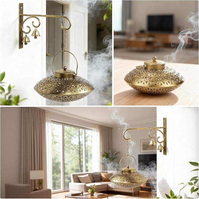 Lotoo Hanging Incense Burner, Cone Incense Holder with Brass Bells, Vintage Antique Home Room Wall Decor for House Warming Spiritual Reiki Yoga Meditation Gifts for Women Men