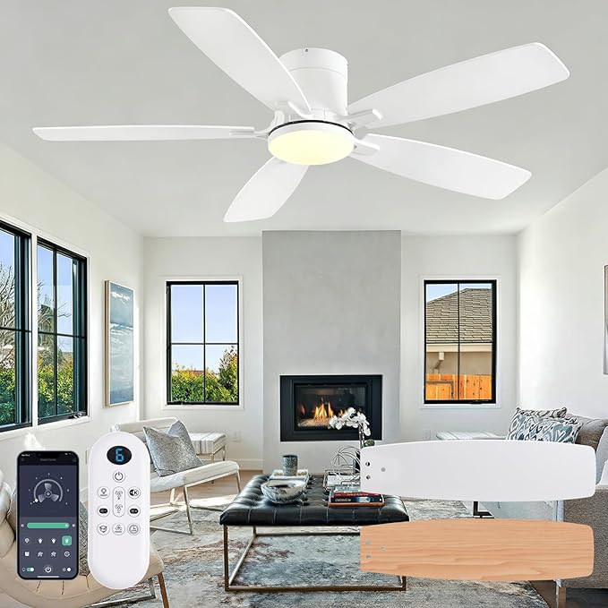 FUMLTP 52inch Flush Mount Ceiling Fans with Lights and Remote/APP Control, Dimmable LED, Reversible DC Motor, Noiseless, Low Profile White Ceiling Fan for Livingroom, Indoor/Outdoor Use