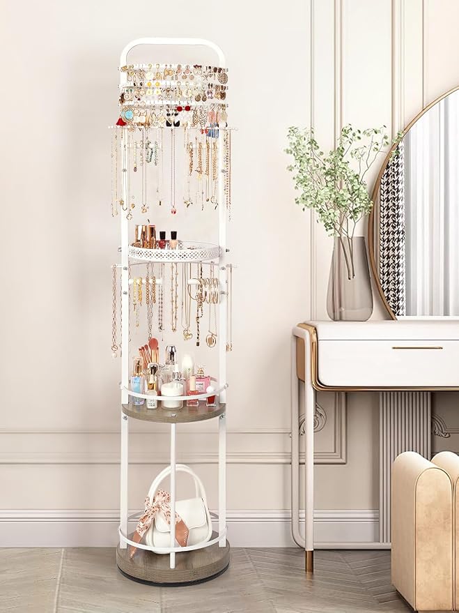 Jewelry Holder Organizer, Floor Jewelry Organizer with Earring Organizer Necklace Holder, Rotating Jewelry Stand Necklace Display Earring Storage, Large Hanging Jewelry Tree for Jewlery Bracelet Ring