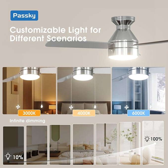 Passky Ceiling Fans with Lights, 42 inch Low Profile Ceiling Fan with Pull Chain and Remote Control, Flush Mount, Reversible, 5CCT, Dimmable, Noiseless, Nickel Pull Cord Ceiling Fan for Bedroom