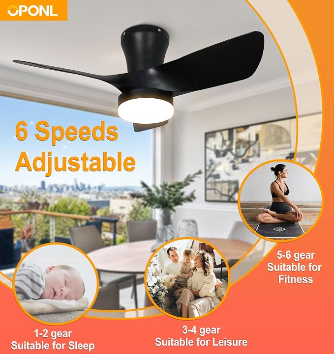 OPONL Ceiling Fan with Light, Ceiling fan with Light and Remote Control, Reversible, 6CCT, Dimmable, Noiseless, Ceiling Fan for Bedroom, Indoor/Outdoor Use, Black, 30 inch, Modern