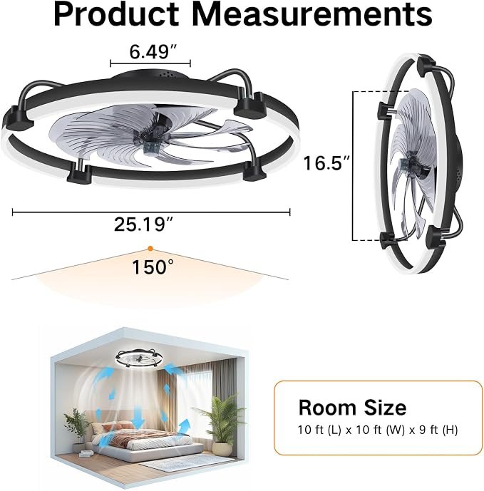 OUTON 24" Ceiling Fan with Light, Remote & App Control, Fandelier Low Profile Flush Mount Ceiling Fan with 3000K-6500K Stepless Dimmable, 6 Speed, Quiet DC Motor, Modern Ceiling Fans for Bedroom Black