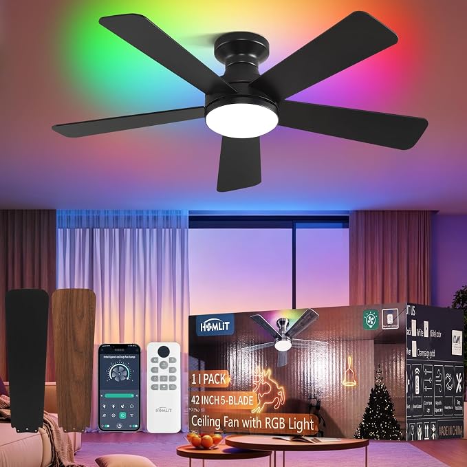 42" RGB Ceiling Fan with Light, App & Remote Controlled Flush Mount Ceiling Fan, Music Sync Lighting, 6-Speed Quiet Reversible DC Motor, 4CCT Dimmable for Bedroom Living Room, Black