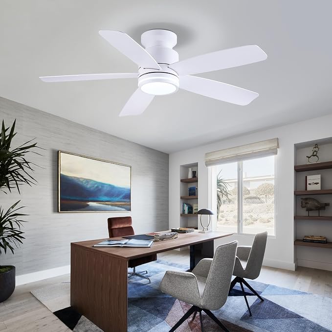 Wiviniya Ceiling Fans with Lights and Remote Control, 46 inch Low Profile Flush Mount Ceiling Fan, 3 CCT LED Dimmable Lights 5 Reversible Plastic Blades 6 Speeds for Bedroom Living Room, White