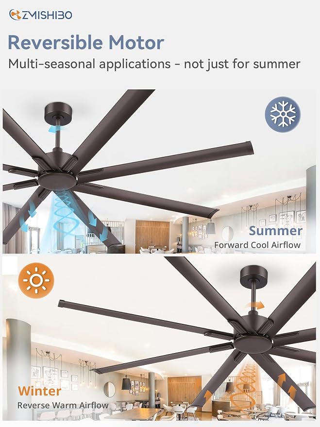 ZMISHIBO 84 Inch Industrial DC Motor Ceiling Fan, Large Ceiling Fan with 8 Reversible Blades, 3 Downrods, 6-Speed Remote Control, Home or Commercial Ceiling Fans for Porch/Garage/Shop, Oil-bronze