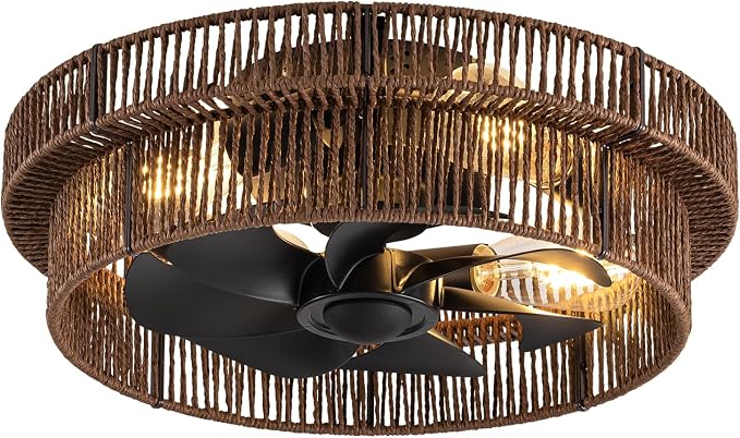 Handwoven Boho Ceiling Fans with Lights Flush Mount,Black Farmhouse Caged Fandelier Low Profile Enclosed Chandelier Fan with 6 Speeds for Bedroom,Nursery,Dining Room(Rattan Brown)