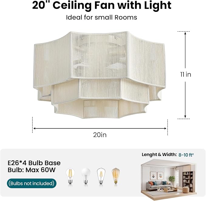 Boho Ceiling Fan with Light, 20'' Flush Mount Caged Ceiling Fan with Light Remote Control, Low Profile Fandelier with 6 Speeds for Bedroom, Living Room