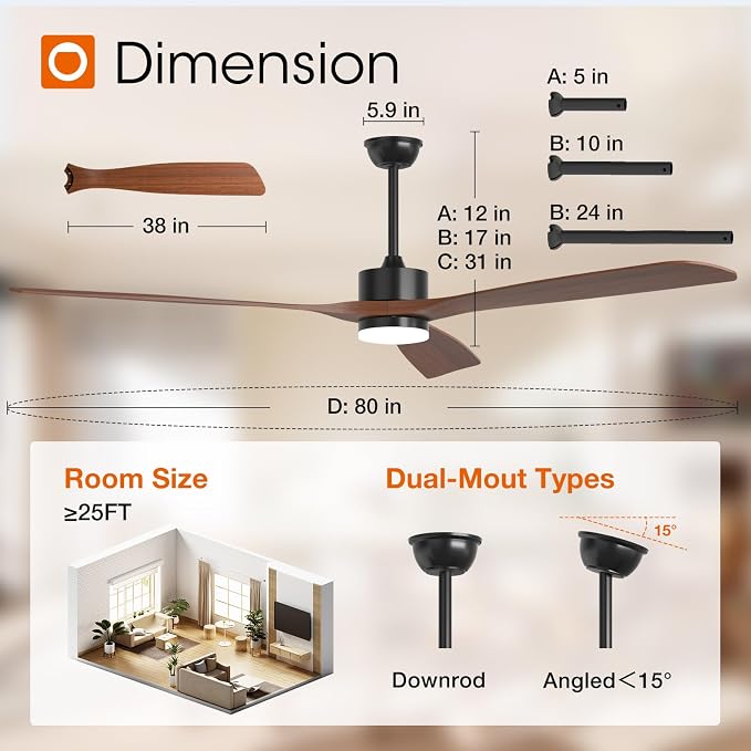 addlon 80 inch Ceiling Fans with Lights and Remote Control, Reversible, 3 Wood Blades, 6 Speeds, 3CCT Dimmable, Noiseless, Indoor/Outdoor Black Walnut Ceiling Fan for Bedroom Living Room Gazebo Patio