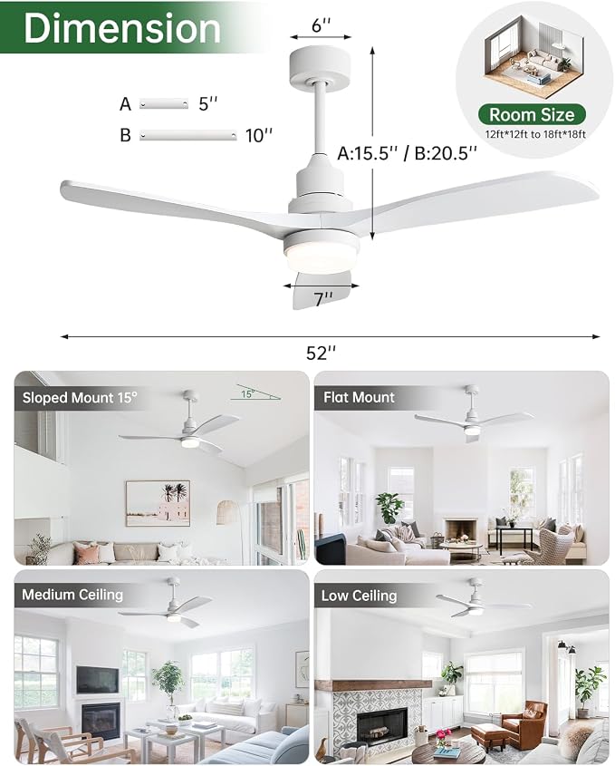 Sofucor 52 Inch Smart Ceiling Fans with Lights for APP/Remote/Voice Control | Downrod Mount, White Wood Blade,1/4/8 H Timer, 3CCT Dimmable 6 Speed, Quiet DC Motor, Outdoor Bedroom/Living Room/Patio