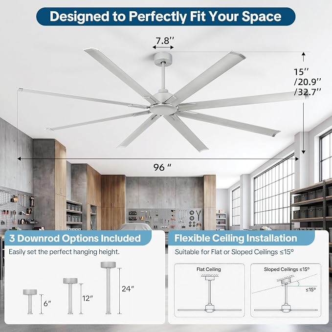 96 Inch Industrial Ceiling Fan No Light, Large Shop Fan with 8 Aluminum Blades, Quiet Reversible DC Motor,6 Speed Remote Control,3 Downrods, Silver Outdoor Ceiling Fans for Patios,Garage,Gym,Warehouse