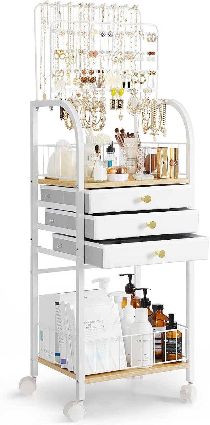 Keebofly Large Floor Jewelry Organizer Stand with 3 Drawers - White | Mobile Jewelry Tower Holder with Display, Large Capacity Rack for Necklaces & Rings, Perfect Storage Gift for Women