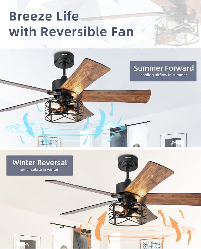 YOUKAIN Ceiling Fans with Lights, 48 Inch Farmhouse Ceiling Fans with Lights and Remote, 5-Reversible Blades with Matte Black/Wooden Finish, 48-YJ632-BKW