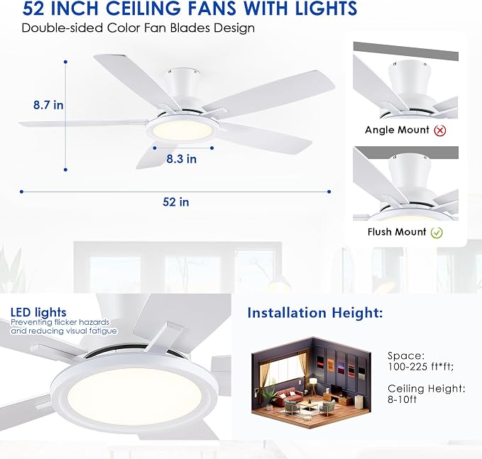 BYKISTOK 52In Flush Mount Ceiling Fans with Lights - White Low ProfileCeiling Fan with Remote/APP, Reversible, 3CCT Dimmable, Modern Fan Light for Indoor Living Room, Outdoor Covered Patios