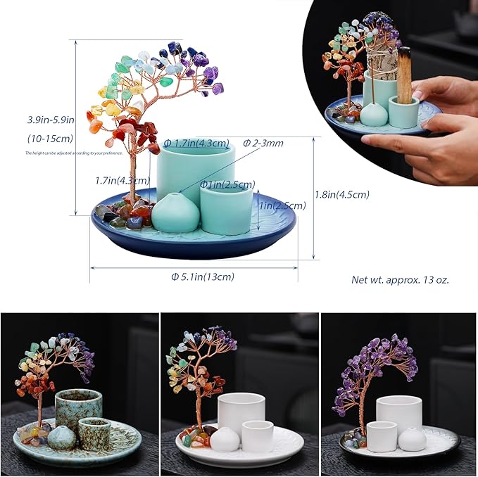 5 in 1 Incense Burner Holder with Crystal Tree for Burning Palo Santo Stick, Sage, Incense Sticks, Candle, Ceramic Tray Ash Catcher, Meditation Gift (Sky-Blue)