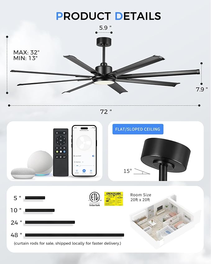 72 Inch Ceiling Fan With Light,Industrial Ceiling Fan With 8 Aluminium Metal Blades,Smart Fan Work with Alexa,Garage Indoor Fan For Living Room and Patio,CF04BK-72