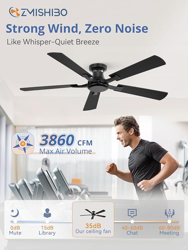 ZMISHIBO 52 Inch Ceiling Fan No Light, Flush Mount Low Profile, Modern Black Ceiling Fan Without Light, Remote Control & Quiet DC Motor, for Indoor&Outdoor, Bedroom, Living Room