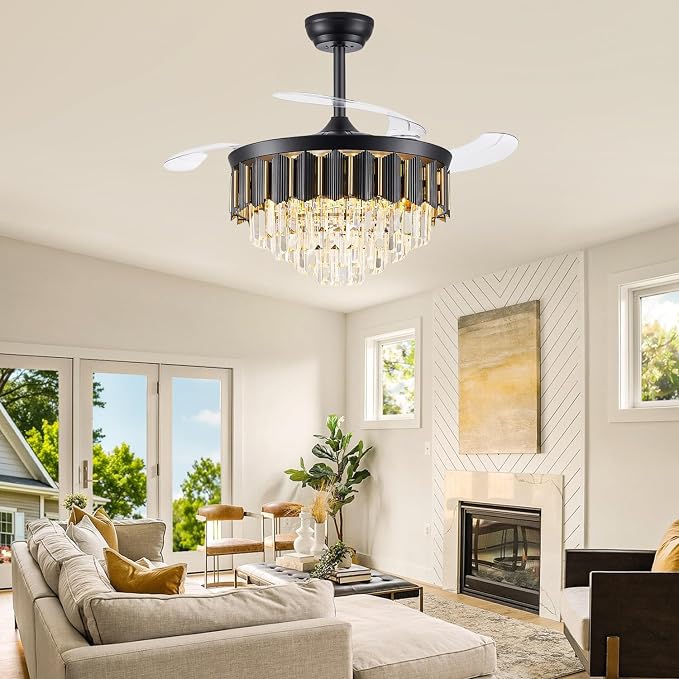 48 Inch Fandelier Ceiling Fan with Light, Chandelier Ceiling Fan for Bedroom Living Room, LED Dimmable, 6-Speed Reversible Motor, Timer & Memory Function-Black