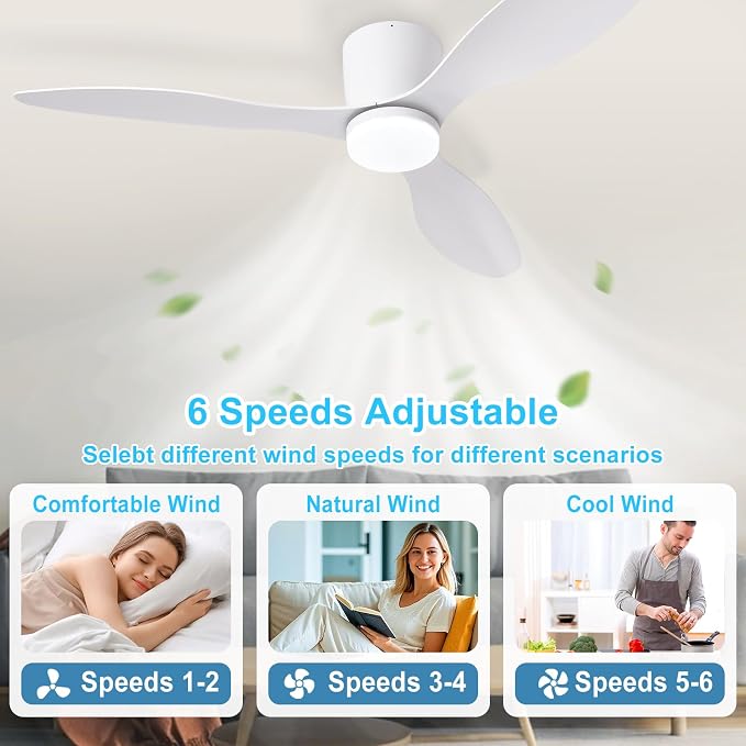 Depuley Flush Mount Ceiling Fan: 52-Inch White Ceiling Fans with Lights for Bedroom Indoor Outdoor - Low Profile Ceiling Fans with Remote Control 24W 3CCT Dimmable 3 Reversible White Blades 6 Speeds