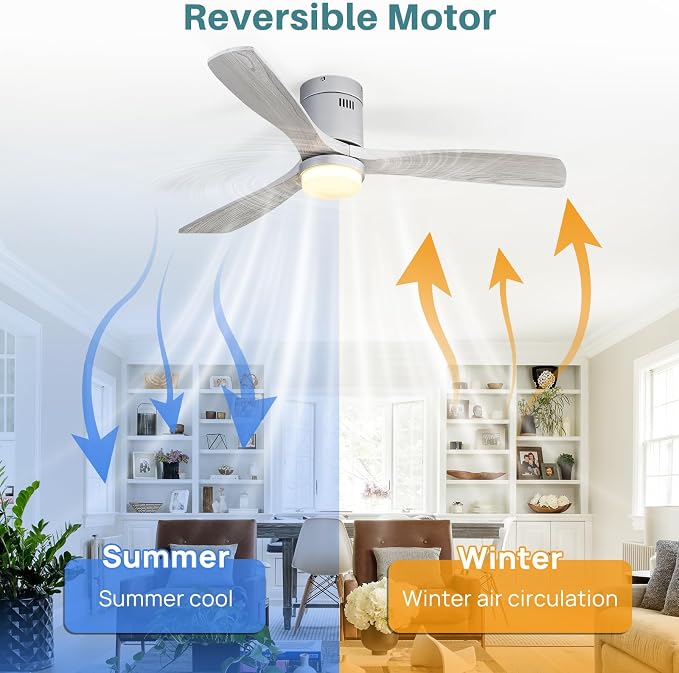 Sofucor 52 Inch Smart Ceiling Fans with Lights-Flush Mount Low Profile Modern Outdoor Solid Wood Ceiling Fans with Alexa/Google Assistant/APP/Remote Control for Bedroom/Farmhouse/Patio, Silver Grey