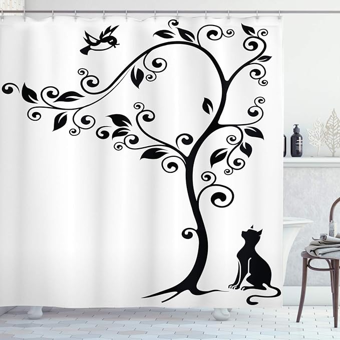 Ambesonne Cat Shower Curtain, Silhouette of Kitty Under Tree and Birds on Swirled Branches Illustration, Cloth Fabric Bathroom Decor Set with Hooks, 69" W x 75" L, White and Black