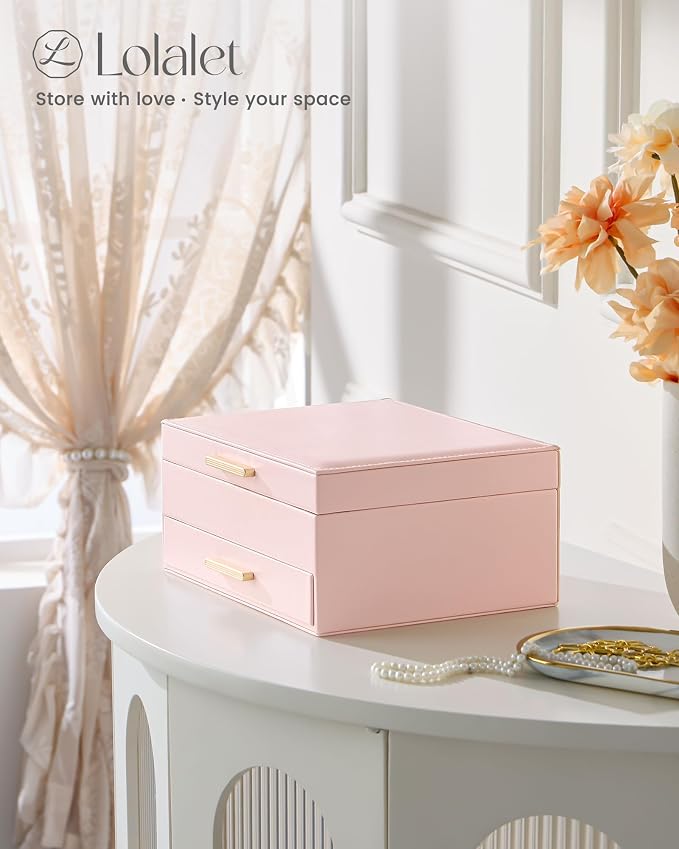 Lolalet 2-Layer Jewelry Box Organizer Holder for Women Girls Mom -Pink | Jewelry Storage Case with Drawers for Necklaces Ring Earrings Bracelet Watch, Gifts Choice for Mom Mother’s Day