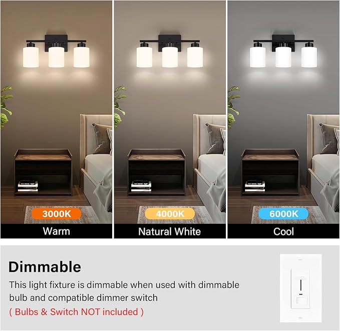 FonmYim Black Bathroom Light Fixtures, 3-Light Modern Vanity Light Over Mirror, Wall Sconces with Milky White Frosted Glass Shades, E26 Socket (Bulbs Not Included)