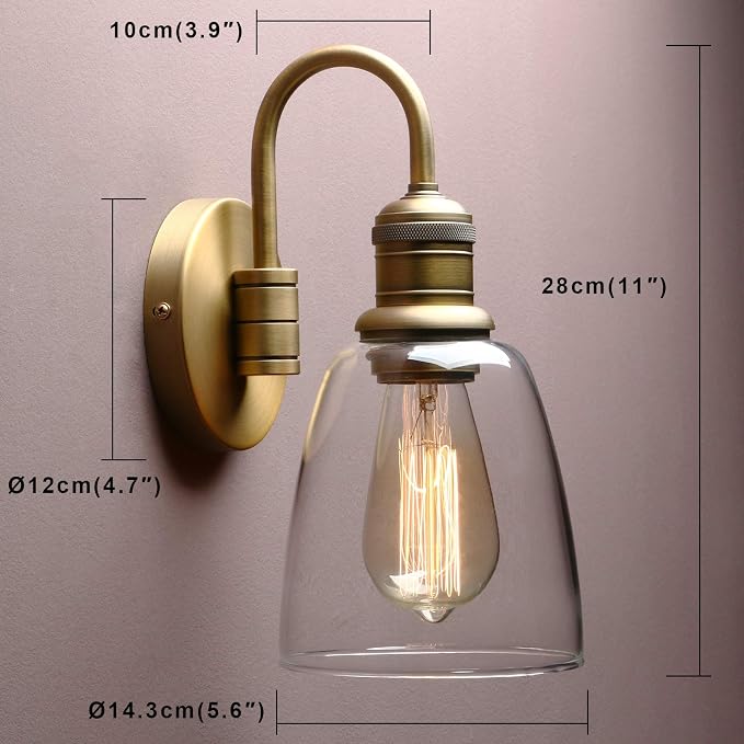 Yosoan 1-Light Brass Modern Vintage Indoor Wall Sconce, Vanity Single Luxury Hardwired Retro Textured Clear Oval Cone Glass Shade with Industrial Curved Rod Bathroom Lamp(Antique)