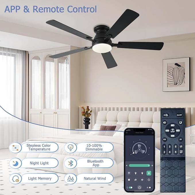 Ayaoty 54 inch Ceiling Fans with Lights and Remote, Low Profile Ceiling Fan with Light, Flush Mount, Reversible, 3CCT, Dimmable, Noiseless, White Ceiling Fan for Bedroom, Indoor/Outdoor Use