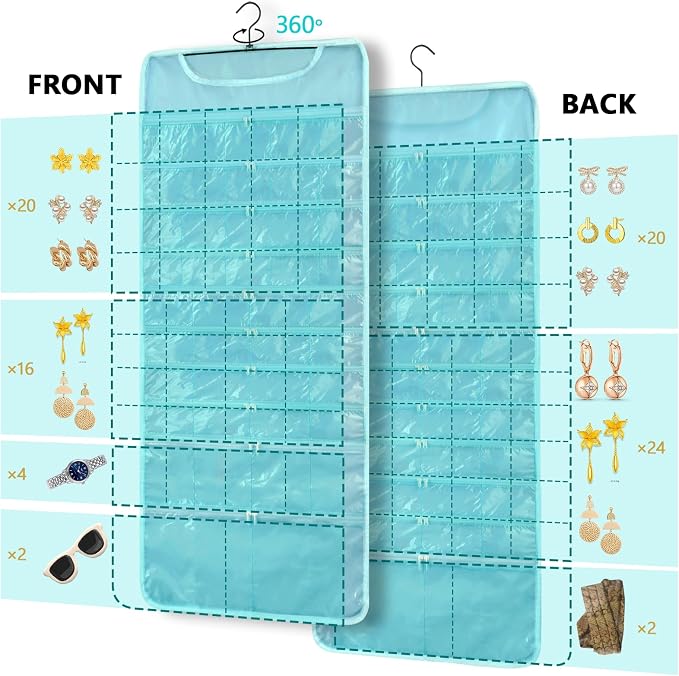 Hanging Jewelry Organizer Storage with 88 Zippered Pockets, Dustproof Foldable for Travel, Double-Sided Accessories Organizer Holder for Earrings Necklaces Rings on Closet Wall Door (Blue)