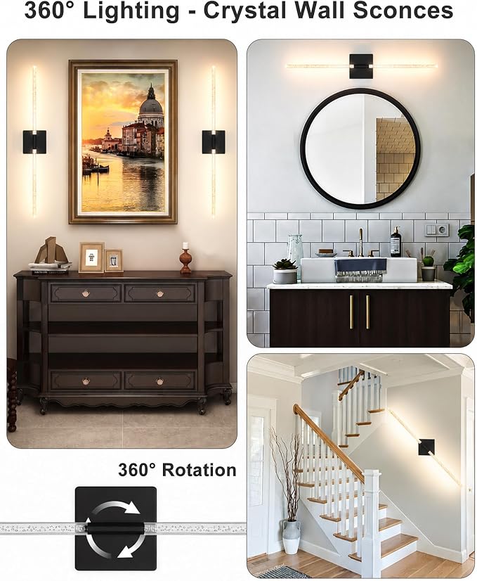 iThird Wall Sconces Battery Operated Set of 2: Wireless Rechargeable Wall Sconce with Touch&Remote, Dimmable Wall Lights Scone for Bedroom Living Room Hallway, 31inch (Black, Bubble Crystal)