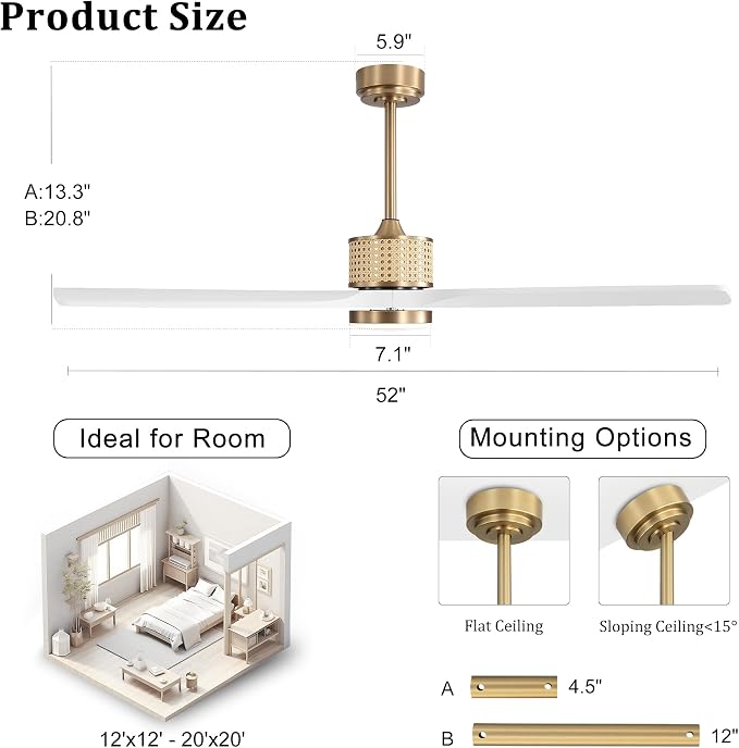 LEDLUX 52" Ceiling Fan with Light – Remote Control, Solid Wood, Quiet Reversible DC Motor, White/Gold Finish, Includes 4.5"/12" Downrods, Noiseless Ceiling Fan for Bedroom, Living Room, Porch