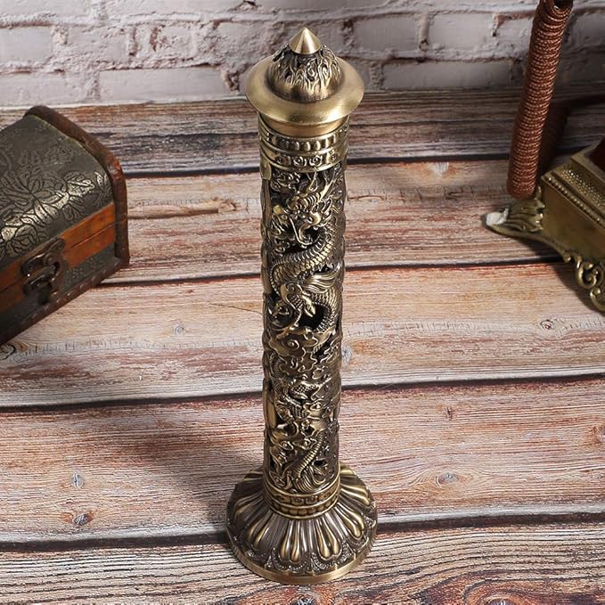 Vertical Incense, Retro Incense Tower Holder Brass Stick Incense Holder Incense with Dragon Phoenix Pattern for Home Office Yoga Meditation, 8.5x7cm/3.3x2.8in