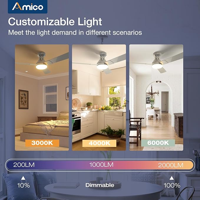 Amico Ceiling Fans with Lights, 52 inch Low Profile Ceiling fan with Light and Remote Control, Flush Mount, Reversible, 3CCT, Dimmable, Noiseless, Nickel Ceiling Fan for Bedroom, Indoor/Outdoor Use