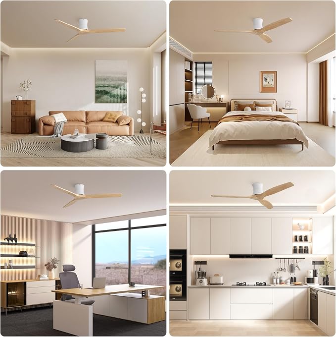 Sofucor 52" Solid Wood Ceiling Fan No Light, Low Profile Flush Mount Ceiling Fan with Remote, Outdoor Modern Ceiling Fan 6-Speed Timing Reversible DC Motor Noiseless for Living Room Bedroom Patio