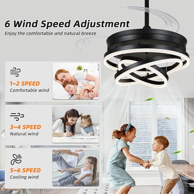 Retractable Ceiling Fan, 42 Inch Chandelier Ceiling Fans with Light, Modern Fandelier Ceiling Fan for Bedroom Living Room Dinning Room, Reverse Motor, 3 Color Temperature, 6 Wind Speed, Black