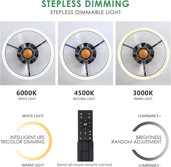 Mpayel Ceiling Fans with Lights and Remote - Flush Mount Low Profile Ceiling Fans - 13” Bladeless Enclosed Ceiling Fans with Led Light and Stepless Dimming, Small Modern Ceiling Fan for Bedroom