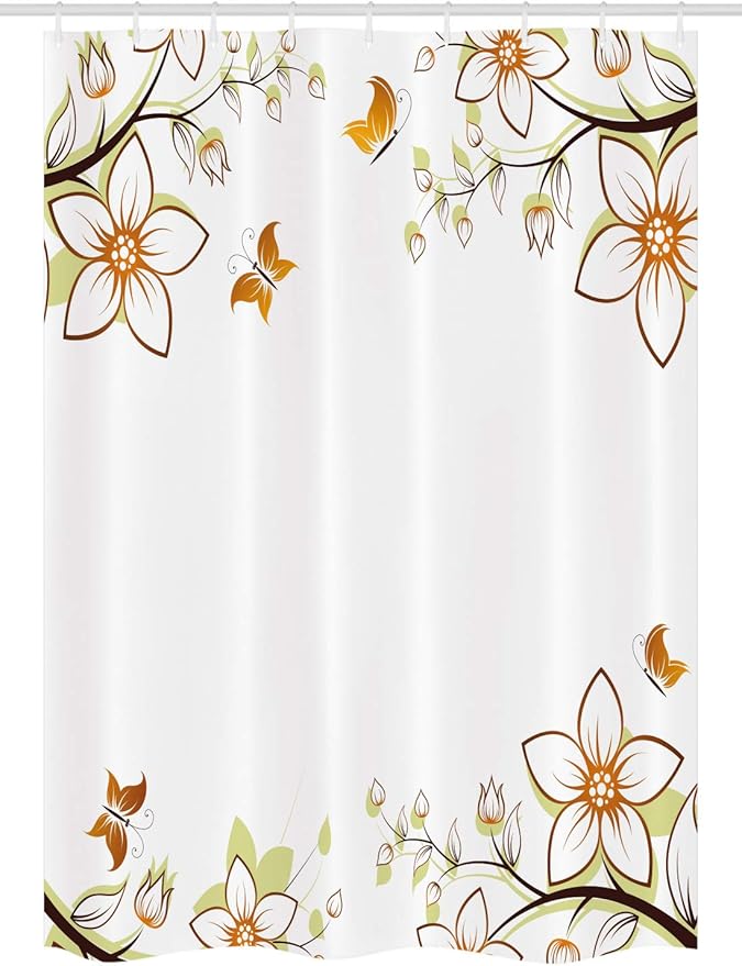 Ambesonne Floral Stall Shower Curtain, Flowers Leaves Branches Buds Butterflies Frame Like Image Print, Fabric Bathroom Decor Set with Hooks, 54" W x 78" L, Pale Green Pale Brown