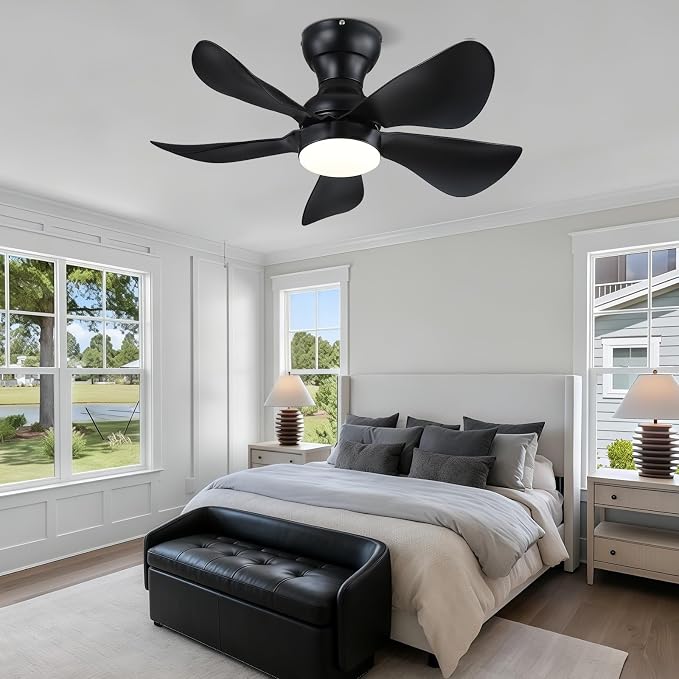 PHORUS 30"Black Low Profile Flush Mount Ceiling Fans with Lights and Remote | Super Large Airflow with 6 Wind Speeds, Reversible, Dimmable 3 CCT LED, 30W Noiseless DC Motor,Timer, for Bedroom Kitchen