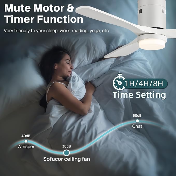 Sofucor Ceiling Fans with Lights-52 Inch Flush Mount White Ceiling Fan with Light and Remote Control,Low Profile Solid Wood Blades Modern Outdoor Ceiling Fans for Bedroom/Living Room/Dining Room/Patio